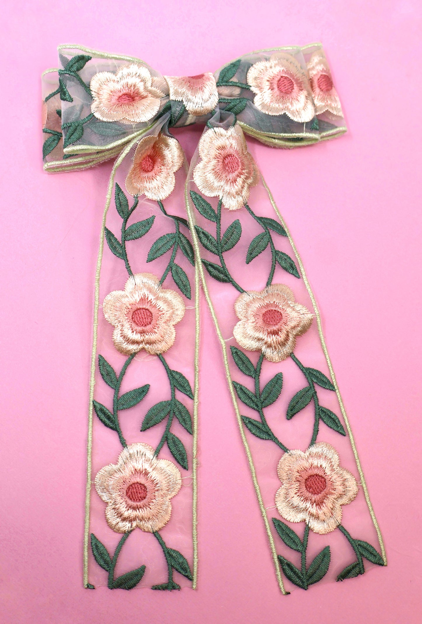 Embroidered Floral Double Layer Coquette Bow (Alligator Clip Only)