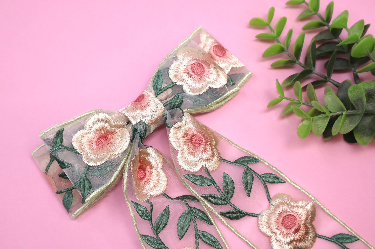 Embroidered Floral Double Layer Coquette Bow (Alligator Clip Only)