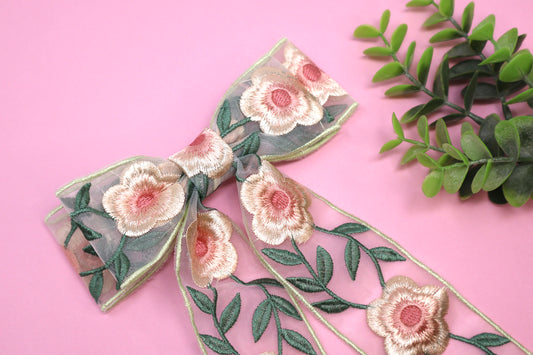 Embroidered Floral Double Layer Coquette Bow (Alligator Clip Only)