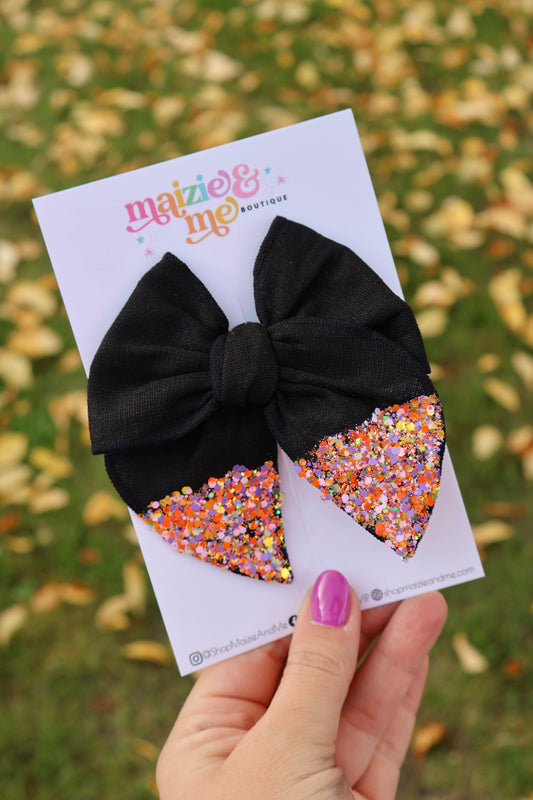 Black Glitter Dipped Linen Medium Remi Bow (Alligator Clip Only)