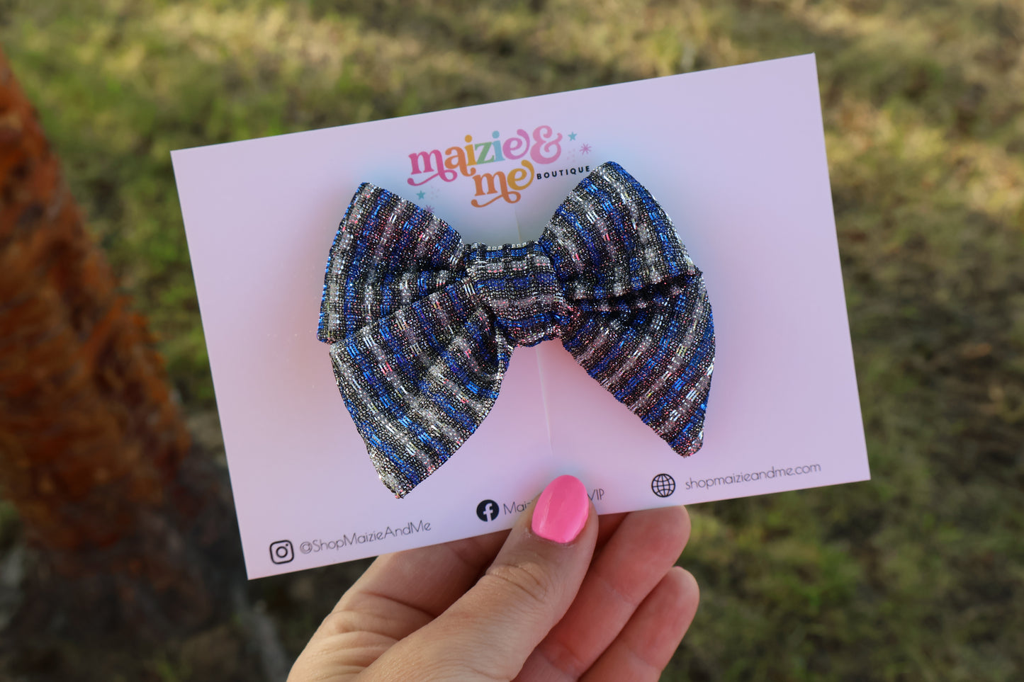 Royal Blue Tinsel Stripes Large Everly Bow