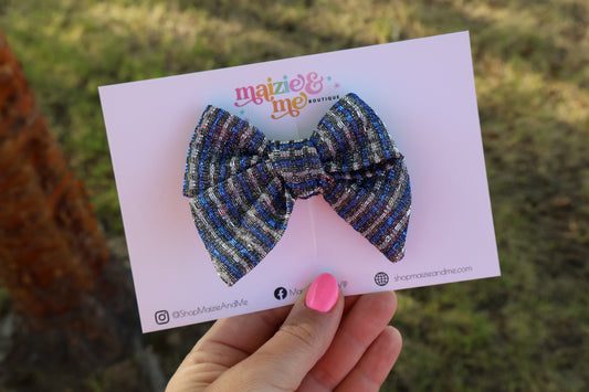 Royal Blue Tinsel Stripes Large Everly Bow