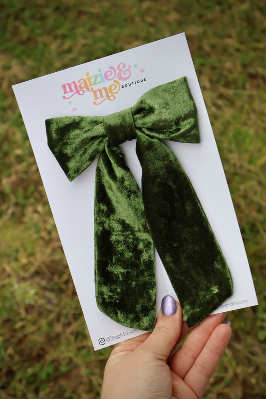 Deep Moss Crushed Velvet Medium Coquette Bow (Alligator Clip Only)