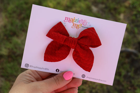 Red Waffle Knit Small Everly Bow (ALLIGATOR CLIP ONLY)