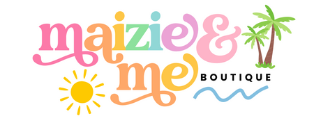 Colorful logo of 'maizie & me BOUTIQUE' with palm trees, sun, and wave on a white background